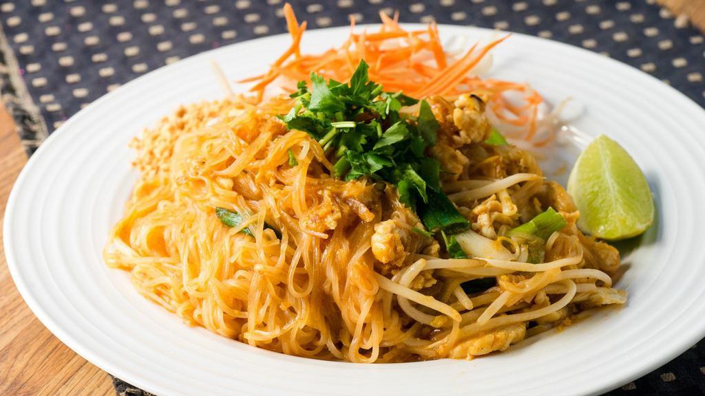 Pad Thai · Stir-fry thin rice noodles with Pad Thai sauce, eggs, bean sprouts, scallions, peanuts, and your choice of protein.