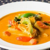 Red Curry · Red curry with basil, kaffir leaf, bell peppers, bamboo shoots, and carrots. Choose protein.