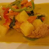 Yellow Curry · Yellow coconut curry with potatoes, carrots, and yellow onion.