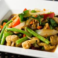 Pad Ginger · Sautéed young ginger, baby corn, mushrooms, bell peppers, carrots, onions, and scallions in ...
