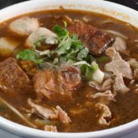 Beef Noodle Soup · Sliced beef, beef balls, stewed beef, or combination with spinach or morning glory and bean ...