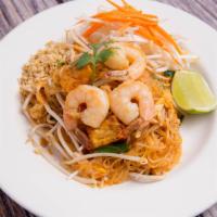 Pad Thai · Stir fried small rice noodle, shrimp, dry shrimp, egg, ground peanut, tofu, and bean sprouts...