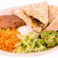 Super Quesadilla · Warm flour tortilla filled with melted cheese, your choice of meat.  Comes with a side of be...