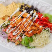 Spicy Pasilla Chicken Salad · All salads come with organic mixed lettuce, bell pepper, black beans, corn, jicama, shredded...