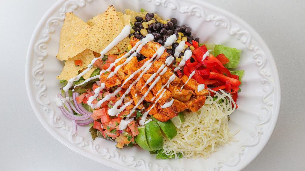 Spicy Pasilla Chicken Salad · All salads come with organic mixed lettuce, bell pepper, black beans, corn, jicama, shredded Jack and Cheddar cheese, tomato, red onion, and tortilla chips.