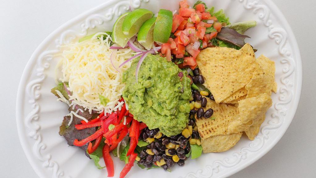 Vegetarian Salad · With freshly made guacamole. All salads come with organic mixed lettuce, bell pepper, black beans, corn, jicama, shredded jack and cheddar cheese, tomato, red onion, and tortilla chips.