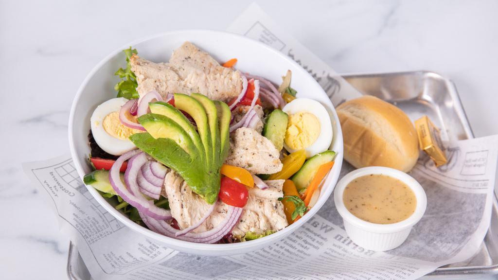 Cobb Salad · Mixed green, tomato, red onion, carrot, cucumber, hard boiled egg, swiss cheese, crouton, avocado with grilled chicken.