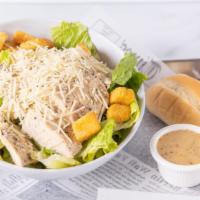 Caesar Salad · Romaine, shaved parmesan cheese, crouton with grilled chicken.