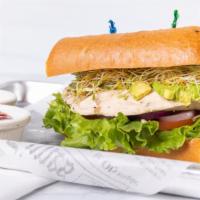 California Chicken Sandwich · Lettuce, tomato, red onion, avocado, alfalfa sprouts, jack cheese, mayo on French roll.