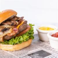 Tower Burger · Bacon, grilled onion, sautéed mushroom, cheddar cheese.