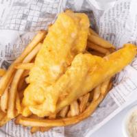 Fish & Chips · Two pieces cod fillet, tartar sauce with fries.