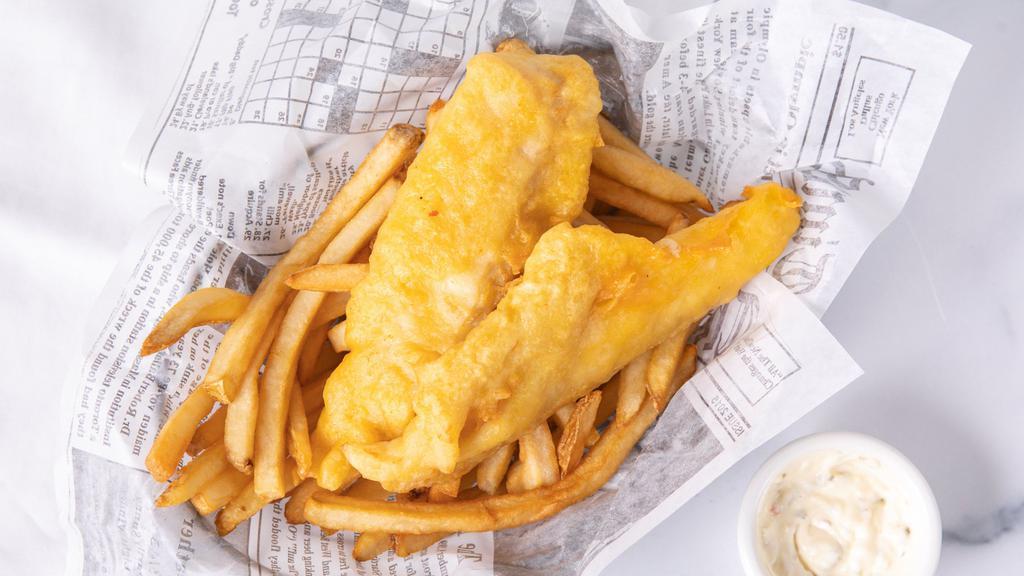 Fish & Chips · Two pieces cod fillet, tartar sauce with fries.