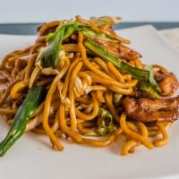 Chicken Chow Mien · Served with white or pork fried rice and a choice of egg roll or soda.