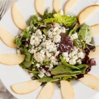 Bleu Salad · Mixed greens, crumbled gorgonzola, caramelized pecans and fuji apples tossed with homemade v...