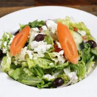 Greek Salad · Romaine lettuce, tomato, cucumber, kalamata olives, red onions and feta tossed with olive oi...