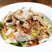 Chinese Chicken Salad · Romaine lettuce, carrots, onion, cucumber, cabbage, crispy noodles and chicken tossed with  ...