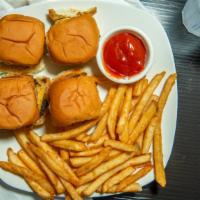 Bacon Cheese Sliders · Mini patties, bacon, cheese, served with fries.