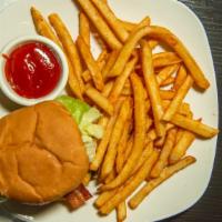 Bacon Cheese Burger · Beef patty served on a sesame bun with bacon, cheese, and a side of house fries and a side o...