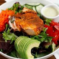 Baked Salmon Green Goddess Salad · Gluten free. Baked salmon, avocado, cherry tomatoes, cucumbers, shredded carrots, mixed gree...