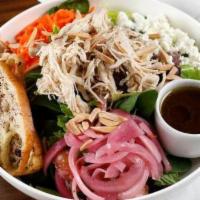 Spinach, Date and Goat Cheese Salad · Pulled chicken, almonds, goat cheese, pickled red onions, dates, mixed greens, spinach and ...