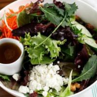Greens, Walnuts and Dried Cranberry Salad · Gluten free.  Goat cheese, candied walnuts, dried cranberries, cucumbers, shredded carrots, ...