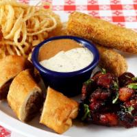 Assorted Appetizer Platter · Includes, one pork roll, two Gritz stix, three wings, and onions strings.