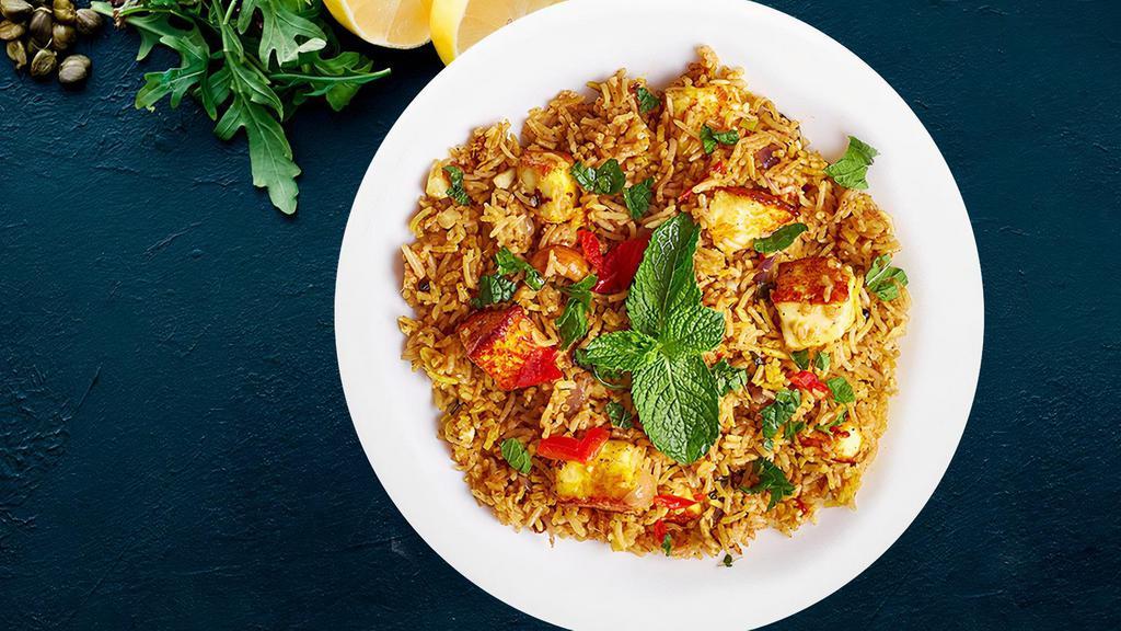 FB's Paneer (Indian Cheese) Biryani · Paneer Biryani - lip-smacking succulent paneer cooked in delicate spices and layered with spiced aromatic rice, saaffron, fried onions and other delicious ingredients, and then placed on dum till perfect.
