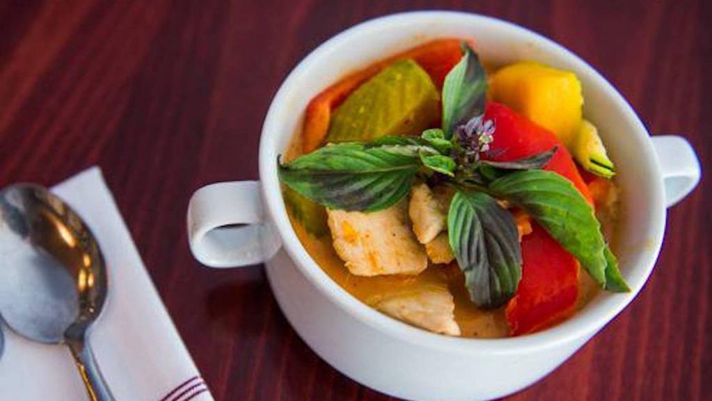 Pumpkin Red Curry · Thai red curry with pumpkin meat and your choice of protein, bell peppers and Thai sweet basil