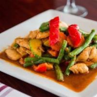Spicy String Beans · String beans, bell pepper, and kaffir line with Thai Curry paste and your choice of protein