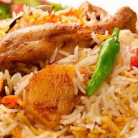 Family Pack Chicken Dum Biryani · Spiced chicken cooked with basmati rice, onions, bell pepper and nuts.