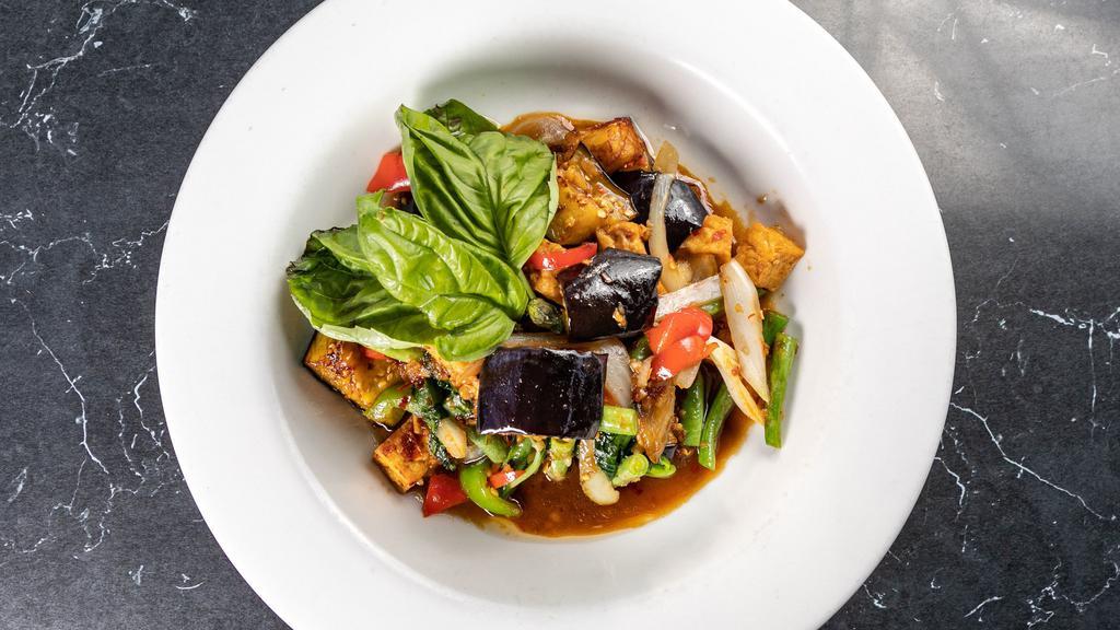 Spicy Eggplant Entrée · Stir-fried with eggplant, bell pepper, onion, and basil.
