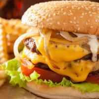 Double Cheeseburger with Fries · Delicious juicy double meat patty and cheese with house toppings and sauce.