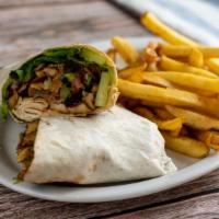 Roasted Chicken Shawerma Wrap · Thin slice of marinated chicken, served with the works.
