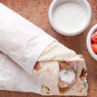 FG's Chicken Gyro · Warm pita bread filled with thinly sliced rotisserie style chicken, lettuce, tomato, cucumbe...