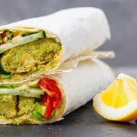 Hummus Wrap · A wrap loaded with hummus, rice and fresh vegetables(lettuce, cucumber, onion, red bell pepp...