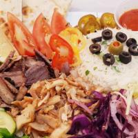 Lamb and Beef Mix Gyro Plate · Mix of beef & lamb, served with Tomatoes, lettuce, onions and special sauce.