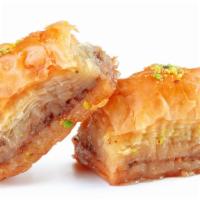 FG's Baklava · Baked crispy layers of phyllo dough filled with chopped nuts and honey.