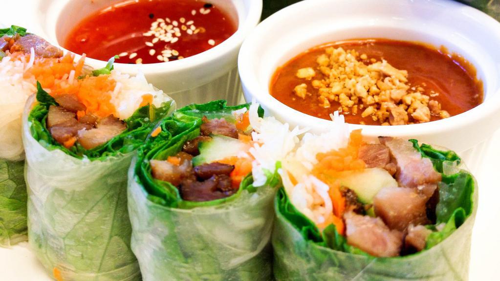 Fresh Rolls · Choice of tofu, sweet potato, shrimp, chicken, pork. Fresh vegetable, rice noodle wrapped with rice paper. Served with peanut sauce.