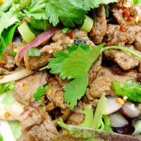 Waterfall Beef Salad · Grilled beef, red onion, green onion and cilantro mixed with lime dressing.