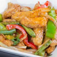 Spicy Crispy Fish Fillet · Deep fried fish, green bean, yellow onion, bell pepper, basil, in spicy sauce.