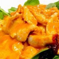 Rama Thai (Chicken or Tofu) · Your choice of chicken or tofu, spinach topped with peanut sauce and roasted chili sauce.