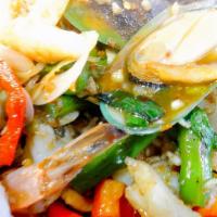 Spicy Basil Sauce Mixed Seafood · Sautéed mixed seafood with bell pepper, zucchini, yellow onion, basil, and spicy herbs.