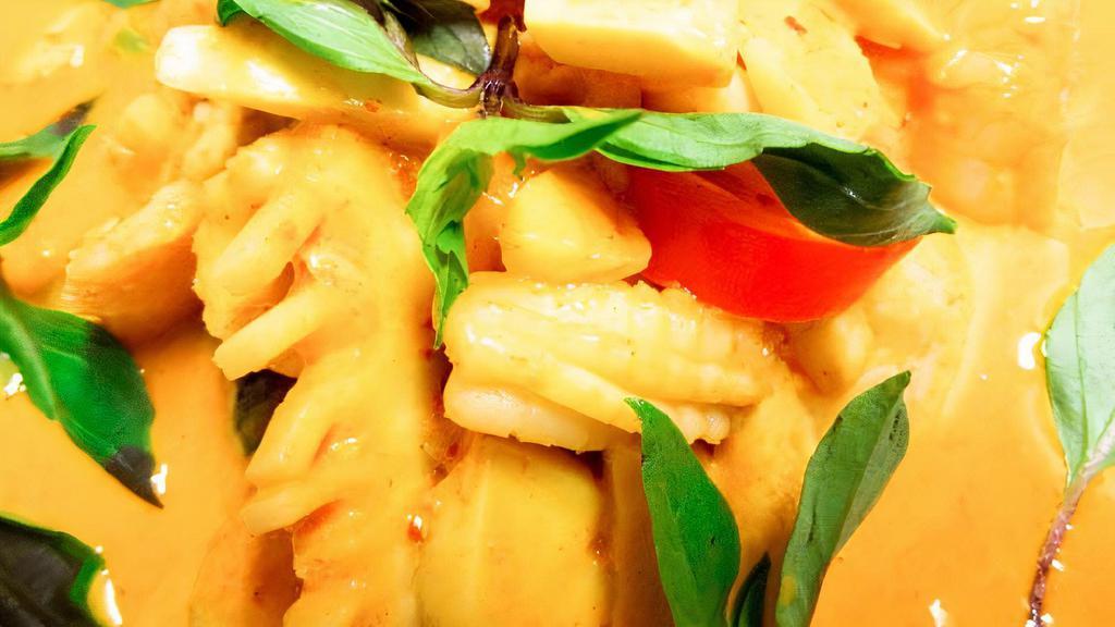Red Curry · Red curry paste with coconut milk, bamboo shoot, bell pepper, basil.