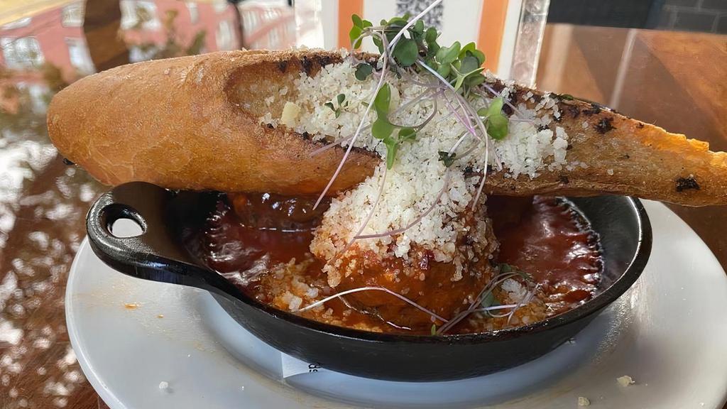 Meatballs · Marinara sauce,  Acme garlic toast, Parmigiano