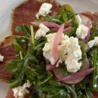 Arugula · 6 Month aged house-cured coppa, pickled red onions, red radish & red wine vinaigrette