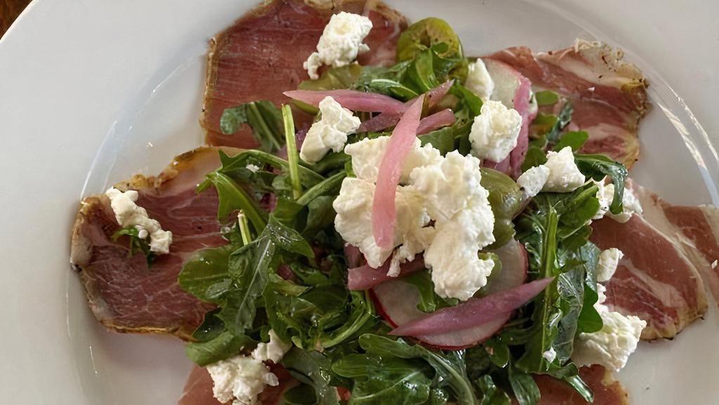 Arugula · 6 Month aged house-cured coppa, pickled red onions, red radish & red wine vinaigrette