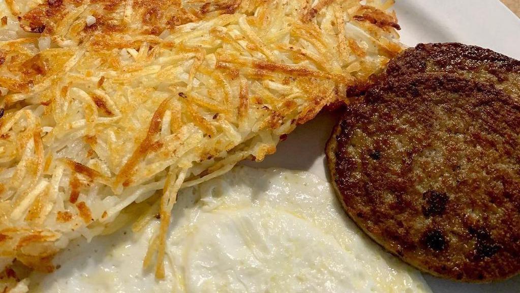 Sausage & Eggs Breakfast · Links sausage and two eggs any style. Served with dad's homemade hash browns or breakfast potatoes and choice of toast.