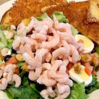 Shrimp Louie Salad · Hearts of romaine, bay shrimp, tomatoes, olives, croutons, hard boiled egg and thousand isla...