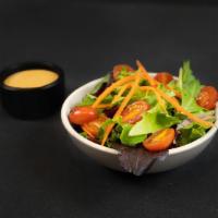 SIDE SALAD · Mixt greens, carrots, cherry tomatoes, and balsamic vinaigrette
