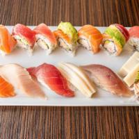 Sushi Deluxe · Five pieces chef's choice nigiri, five pieces chef's choice sashimi, and eight pieces rainbo...